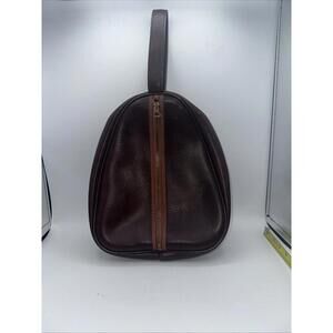Vintage 60s Brown Leather Teardrop Shaped Unisex Zippered Travel Bag Toiletries